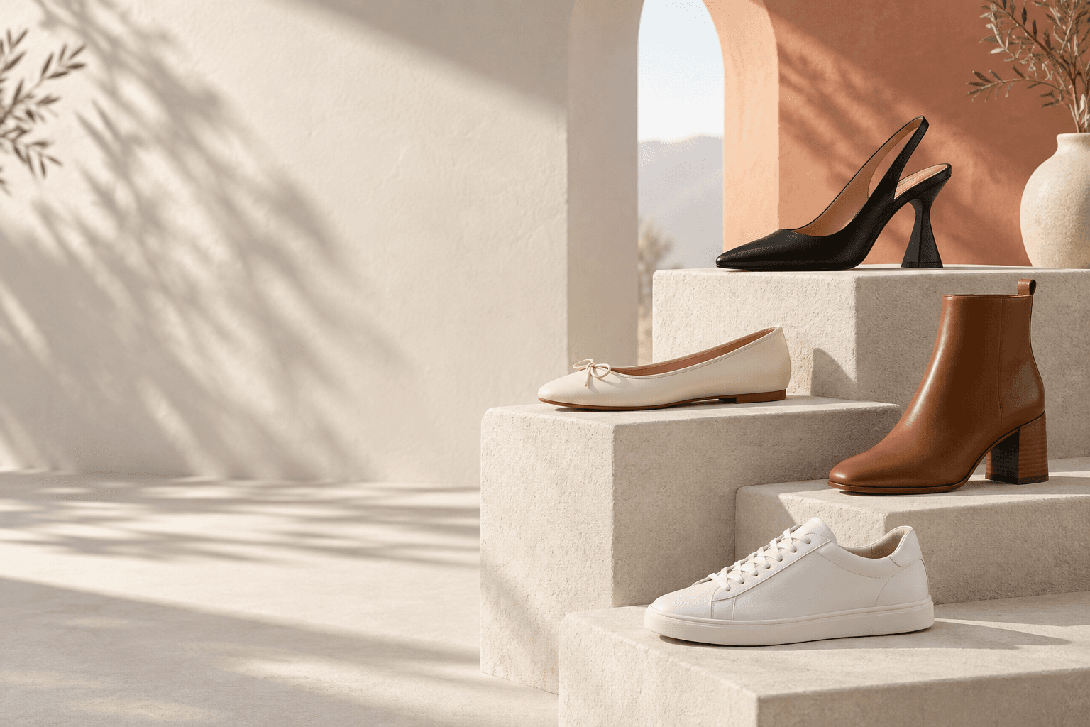 Contemporary women's footwear collection in a modern studio